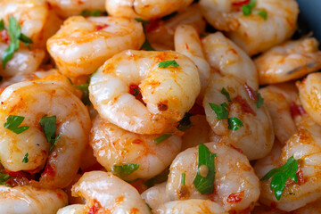 Delicious seafood, grilled shrimps - Shrimps in garlic butter sauce with lemon and parsley sprinkled in a frying pan