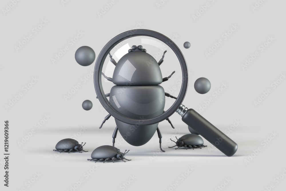 Poster A magnifying glass examines a large bug, with smaller bugs surrounding it, symbolizing bug detection and analysis.