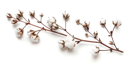 Cotton branch isolated on white background. Flat lay, top view.