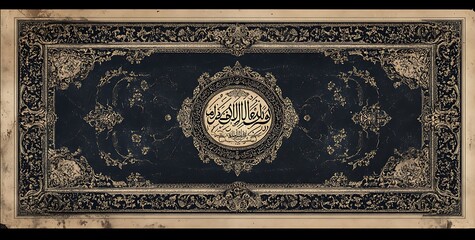 Ornate Navy Blue Rug with Intricate Cream and Gold Border Design and Central Medallion

