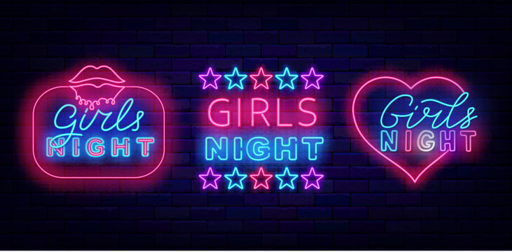 Ladies only neon emblems collection. Girls night signs. Free enter for female. Vector stock illustration