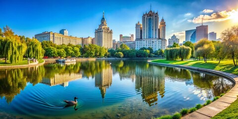 Obraz premium Vintage Moscow Panorama: Downtown Skyline, Residential Buildings, Park & Pond