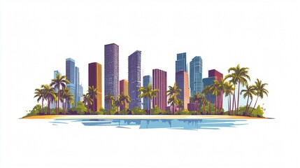 Stunning Wide Angle Miami City Skyline and Palms View