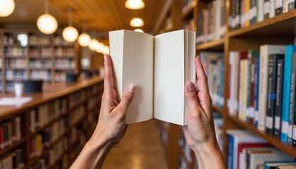 Hands holding an open book in a cozy library, embracing peace