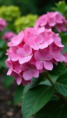Obraz premium Large pink hydrangea flowers blooming in a garden, florescence, flower, garden