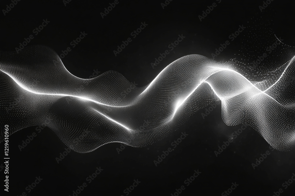 Poster Abstract white wave pattern with glowing dotted lines on a black background