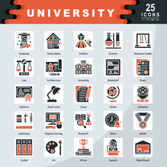 University icon set containing Architecture, University, Bookshelf, Exam, Diploma, Essay, Stationary, Digital Learning, Medal, Literation icon. Simple color fill vector