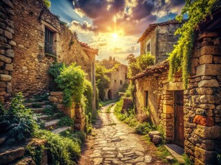 Fototapeta premium Vintage Photo: Ancient Village Ruins - Sun-Drenched Stone Walls & Overgrown Paths