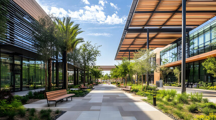 Modern Office Building with Landscaped Courtyard and Walkway