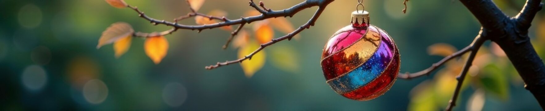 Colorful glass ornament hanging from a metal tree branch with reflected lights, glass, tree branches