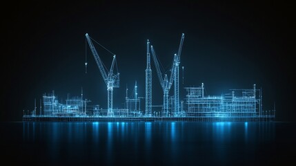 Wireframe model of a shipyard at night.