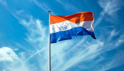 Naklejka premium Flag of the Netherlands waving in the wind against the blue sky.