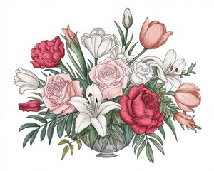 Elegant Bouquet of Roses, Lilies, and Tulips in a Silver Vase