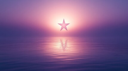 Naklejka premium Star-shaped sun sets over calm purple water.
