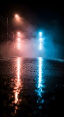 Wet asphalt, reflection of neon lights, a searchlight, smoke. Abstract light in a dark empty street with smoke, smog. Dark background scene of empty street, night view, night city.