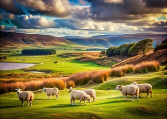 Fototapeta premium Vintage Scottish Highlands: Sheep Grazing on Brora Golf Course