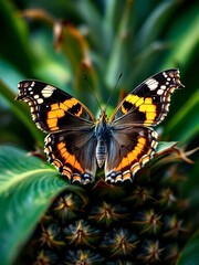 Naklejka premium Orange and black butterfly Vanessa Cardui resting on a pineapple and showing its colorful wings in a tropical garden, nature and wildlife concept