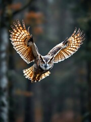 Obraz premium Hawk owl in flight. Pineapple - a symbol of hospitality
