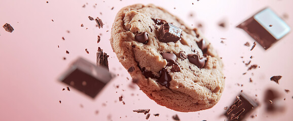 Flying chocolate chip cookie with chocolate chunks on pink background