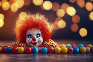 Fototapeta premium Clown toy and candies. for Jewish holiday Purim, for April Fool's Day. 