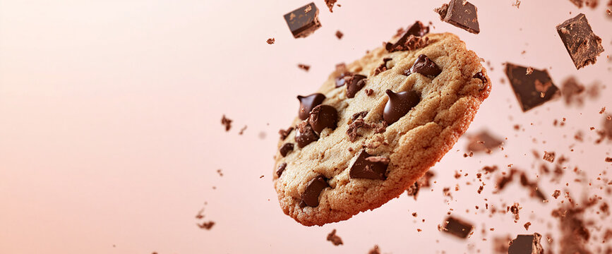 Flying chocolate chip cookie with chunks and crumbs on a pink background