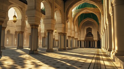 Fototapeta premium General view green dome and Moorish pattern arches of Nabawi mosque in Al Madinah, Kingdom of Saudi Arabia.