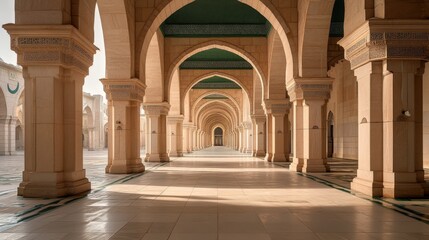 Obraz premium General view green dome and Moorish pattern arches of Nabawi mosque in Al Madinah, Kingdom of Saudi Arabia.