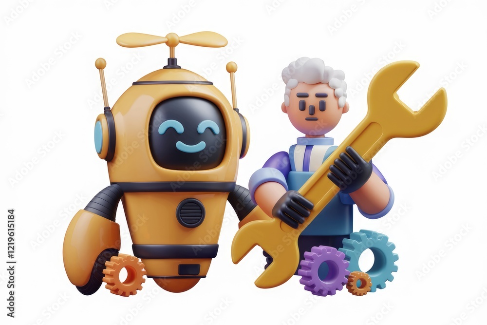 Poster A friendly robot and a mechanic collaborate on repairs, showcasing teamwork and technical expertise.