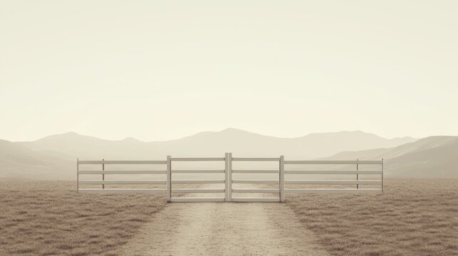 White farm gate on a dirt road leading to hazy mountains.