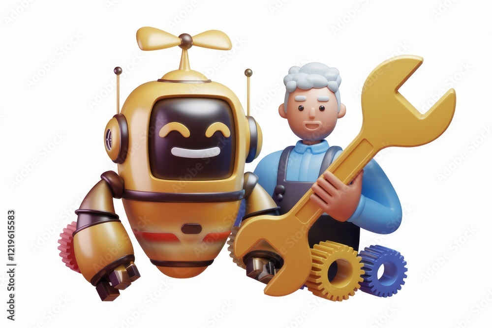 Aufkleber a friendly robot and mechanic collaborate on repairs, showcasing teamwork and technological assistan