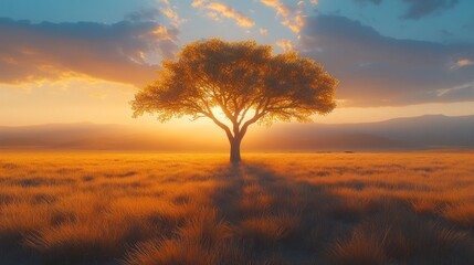 Golden tree, sunset sky.