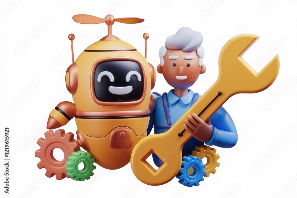 Aufkleber a friendly robot and senior technician collaborate, showcasing teamwork and technical expertise with