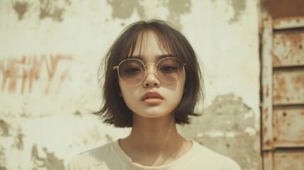 Fototapeta premium Young woman with bob haircut wearing sunglasses.