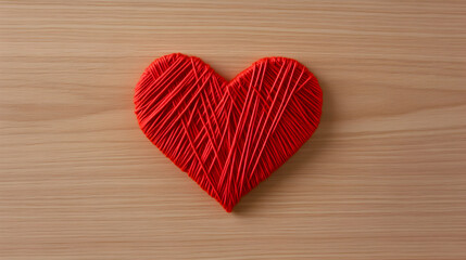 A handcrafted red yarn heart on a wooden surface symbolizes love and creativity. Perfect for themes of affection, DIY projects, and artistic expressions.
