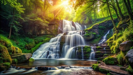Fototapeta premium Vintage Style Indian Run Waterfall - Lush Green Landscape, Cascading Water