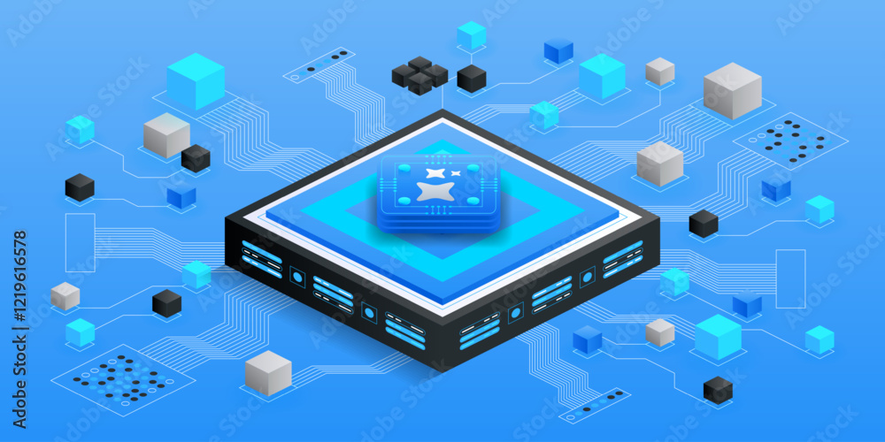 Poster abstract tech network. interconnected data blocks surrounding a cpu symbolize advanced computing, da