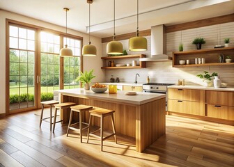 Vintage Style Photo: Modern Minimalist Kitchen with Wooden Island