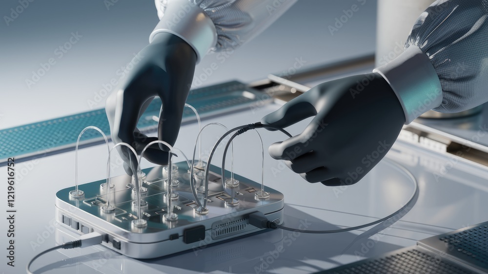 Poster Gloved hands carefully connect transparent wires to a metallic device, a scene of precise technological interaction.