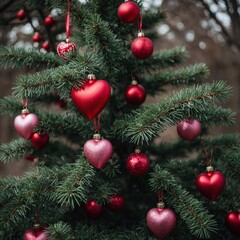 Fototapeta premium A Valentine’s Day tree with red and pink heart-shaped ornaments.