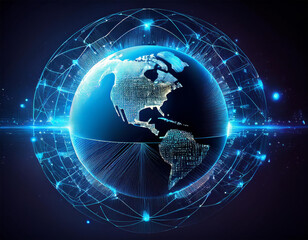 glowing blue planet earth with global network illuminated