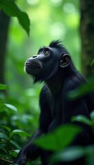Obraz premium Large primate looks up through dense foliage with curiosity, curious, jungle, explore