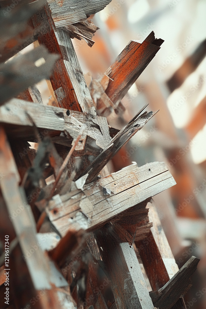 Aufkleber close-up of sharp wooden splinters with a warm, abstract background