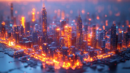 Fototapeta premium Aerial view of a cityscape illuminated in vibrant green hues,