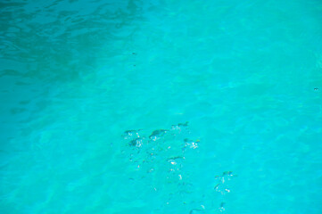 Bubbles in sea. Rippled surface. Sea water surface. Ripple water of ocean. Aquamarine ocean nature. Turquoise background of clear turquoise sea water. Idyllic summer vacation