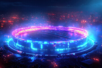 Sci-fi arena with glowing pink and blue neon lights creating an electrifying futuristic vibe