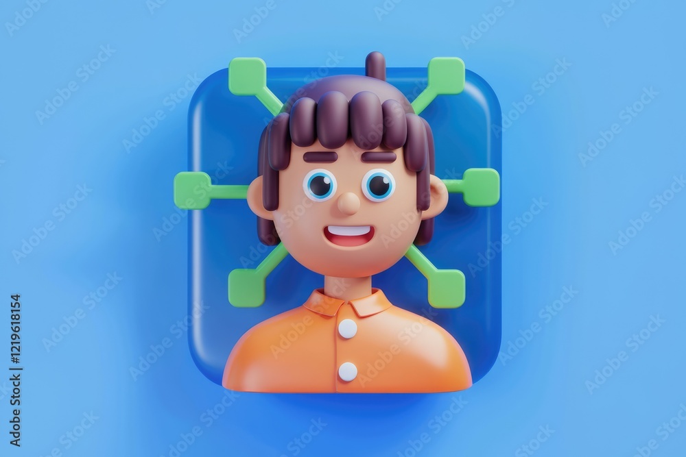 Aufkleber 3d render of a happy cartoon boy, digitally connected, symbolizing networking and social media.