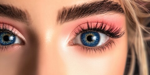 Obraz premium Close-up of female caucasian young adult with blue eyes and pink eyeshadow