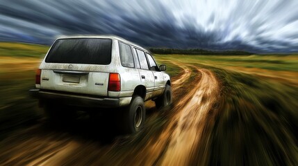 Fototapeta na wymiar Vehicle on Rural Dirt Road with Motion Blur Effect