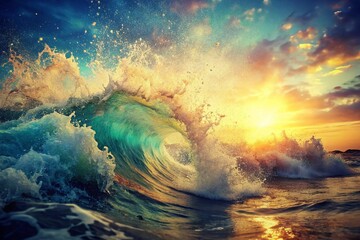 Fototapeta premium Vintage Wave Splash: Creative Design Blank Text Space - Retro Ocean Photography
