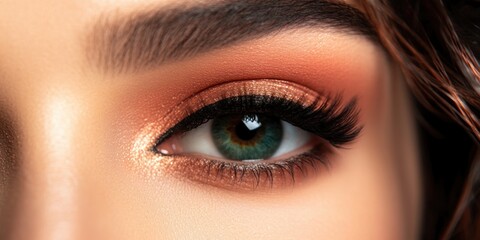 Obraz premium Close-up of female eye with green iris and copper eyeshadow and long eyelashes